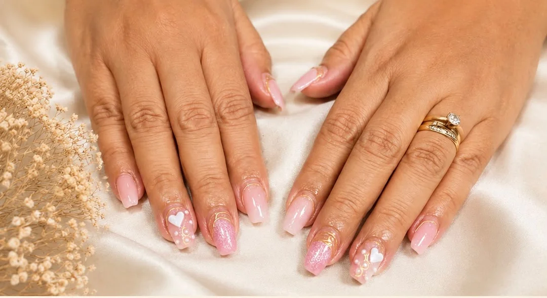 Soft pink nail extensions with glitter, pearl accents, gold details, and white hearts